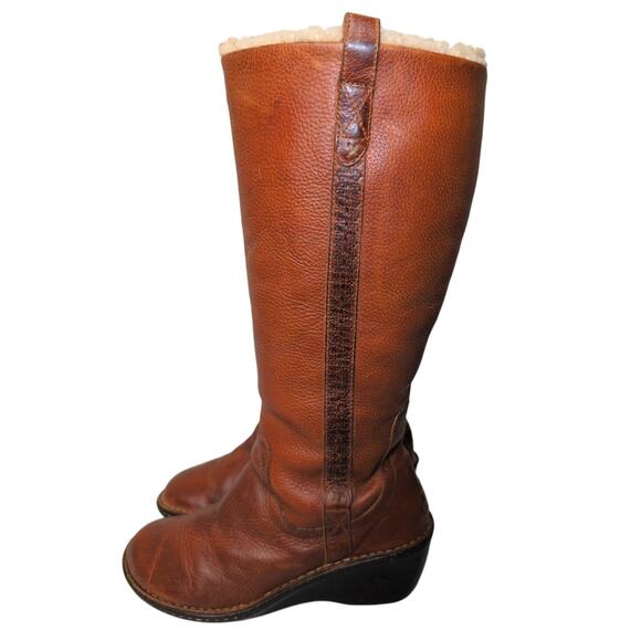 Ugg Hartley Wedge Tall Brown Leather Boots Women 8 Shearling Lined Boho Festival - Picture 1 of 11
